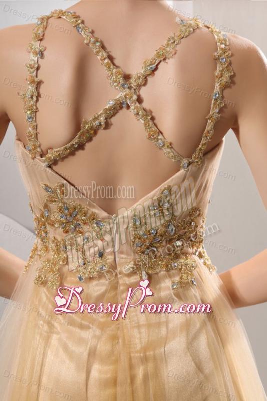 A-line Gold Straps Appliques and Ruching Floor-length Organza Prom Dress