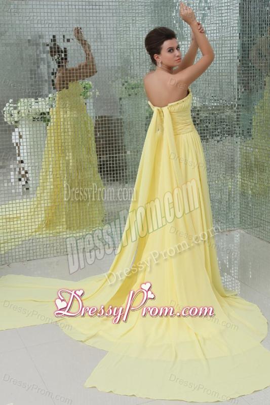 A-line Strapless Beading and Ruching Chiffon Light Yellow Prom Dress