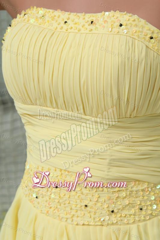 A-line Strapless Beading and Ruching Chiffon Light Yellow Prom Dress