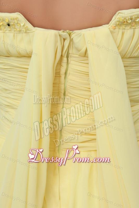 A-line Strapless Beading and Ruching Chiffon Light Yellow Prom Dress