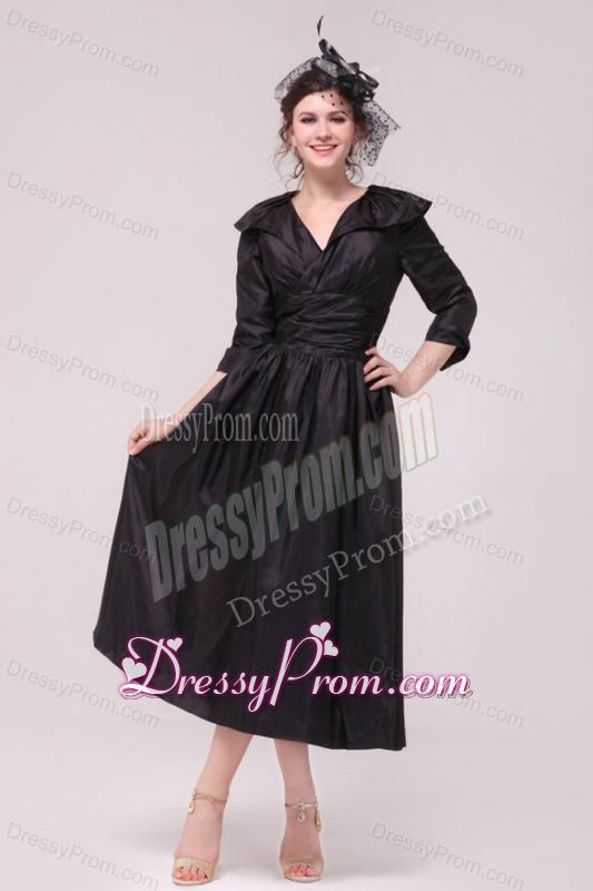 A-line V neck Black Tea-length Ruching Prom Dress with Half Sleeves