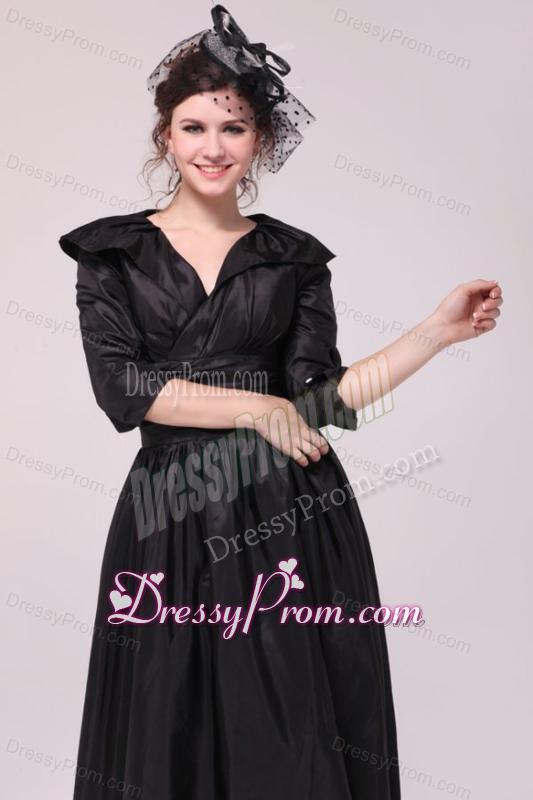 A-line V neck Black Tea-length Ruching Prom Dress with Half Sleeves