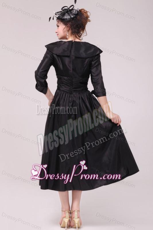 A-line V neck Black Tea-length Ruching Prom Dress with Half Sleeves