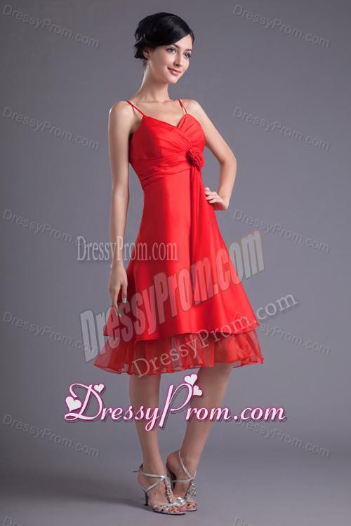 A-line Wine Red Spaghetti Straps Ruching Hand Made Flower Prom Dress
