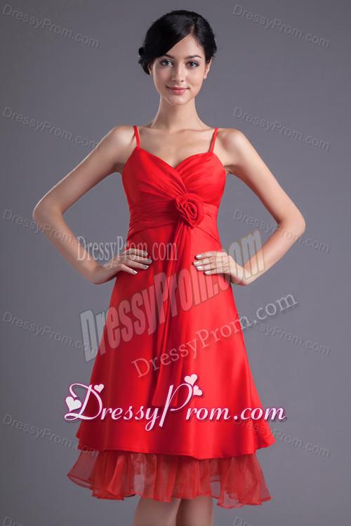 A-line Wine Red Spaghetti Straps Ruching Hand Made Flower Prom Dress