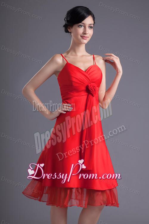 A-line Wine Red Spaghetti Straps Ruching Hand Made Flower Prom Dress