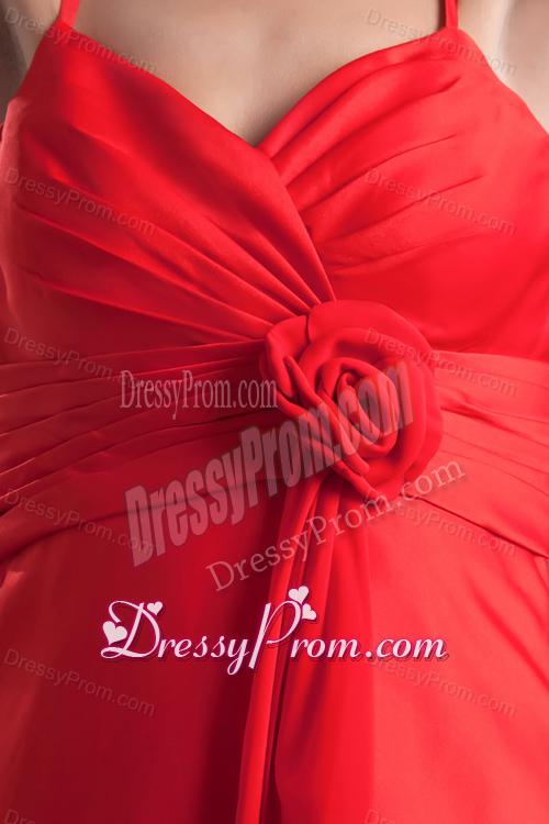 A-line Wine Red Spaghetti Straps Ruching Hand Made Flower Prom Dress