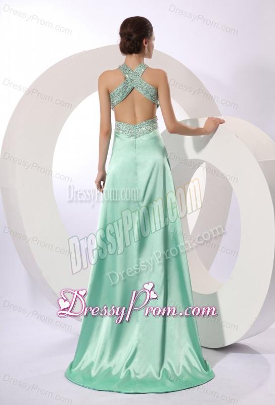 Apple Green Column Brush Train Beading Elegant Criss Cross Elastic Woven Satin Prom Dress