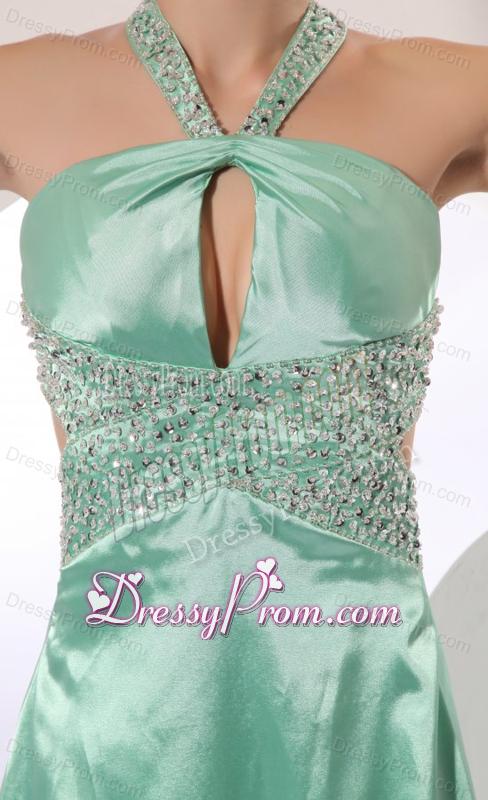 Apple Green Column Brush Train Beading Elegant Criss Cross Elastic Woven Satin Prom Dress