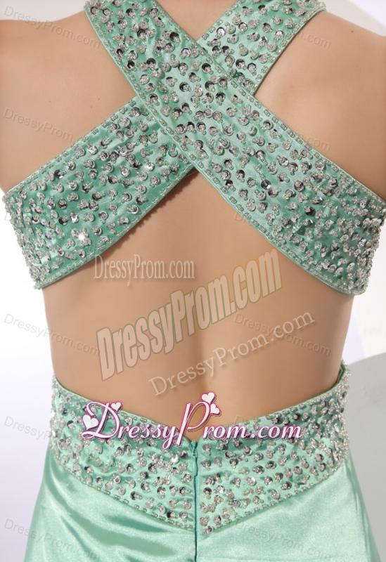 Apple Green Column Brush Train Beading Elegant Criss Cross Elastic Woven Satin Prom Dress
