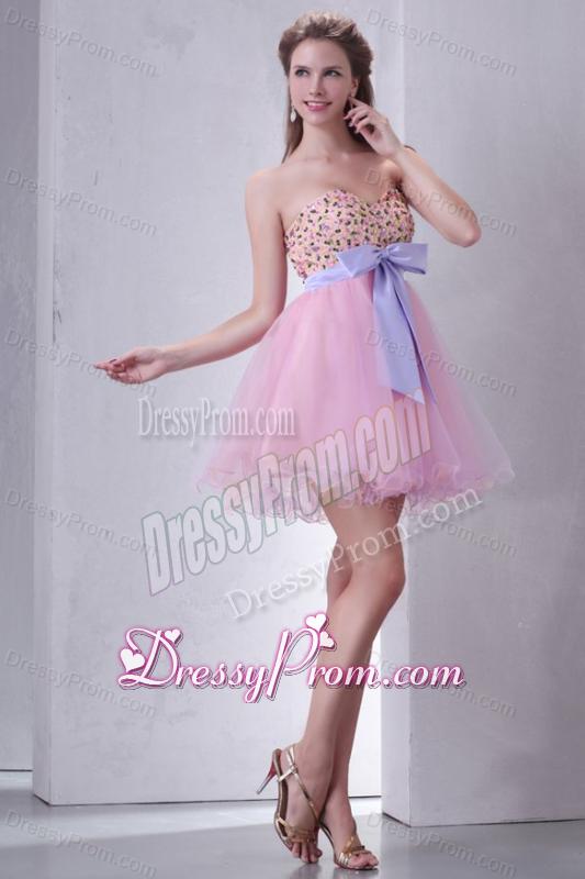 Beaded Decorate Brust Sweetheart Mini-length Baby Pink Prom Dress