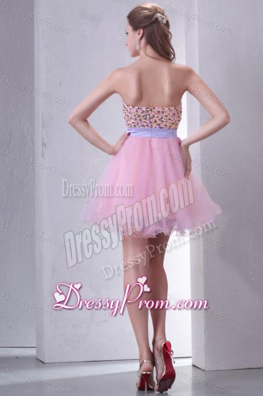 Beaded Decorate Brust Sweetheart Mini-length Baby Pink Prom Dress