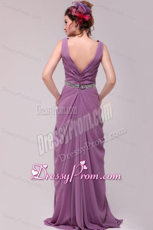 Beaded Decorate Waist V-neck Chiffon Lilac Prom Dress for Girls