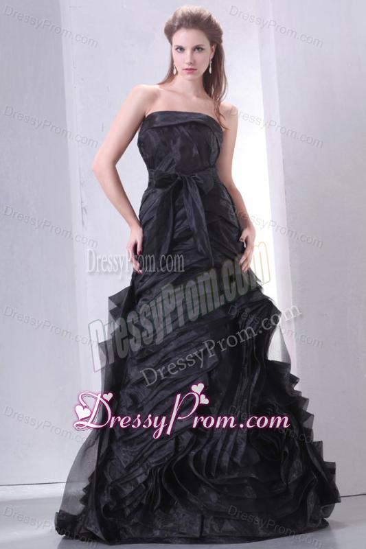 Black A-line Strapless Prom Dress with Layers and Sash