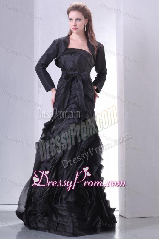 Black A-line Strapless Prom Dress with Layers and Sash
