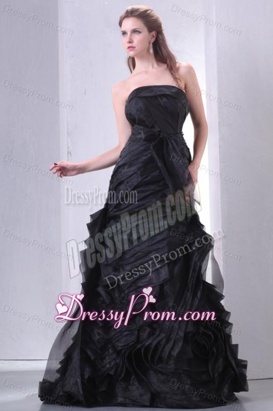 Black A-line Strapless Prom Dress with Layers and Sash