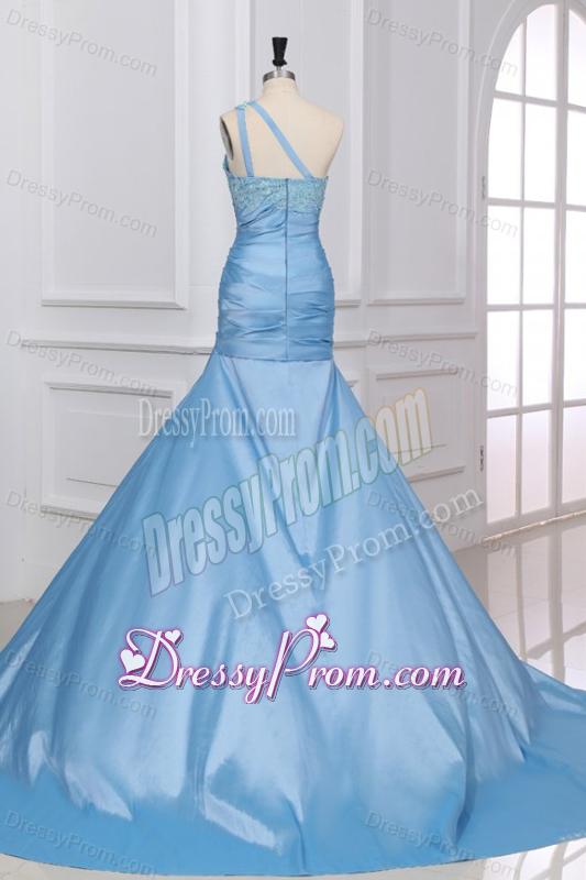 Blue A-Line Sweetheart Taffeta Prom Dresses with Appliques Brush Train
