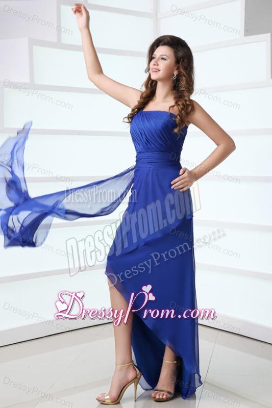 Blue Column One Shoulder Ruching High-low Chiffon Prom Dress