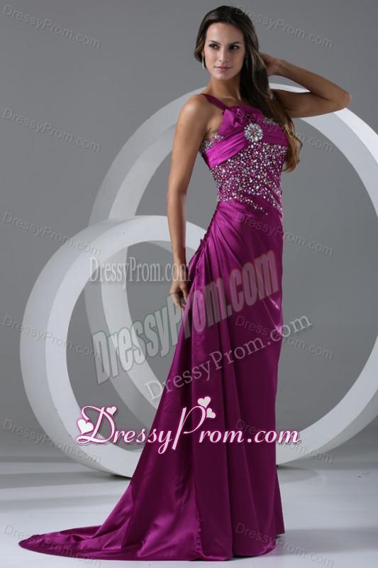 Brush Train Fuchsia A-line One Shoulder Prom Dress with Beading