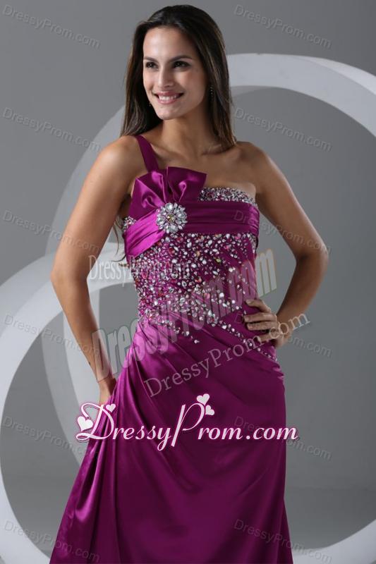 Brush Train Fuchsia A-line One Shoulder Prom Dress with Beading
