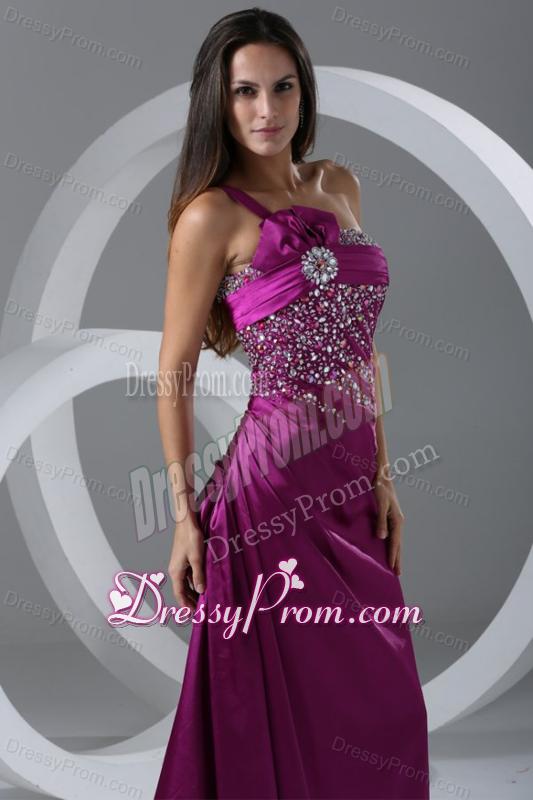Brush Train Fuchsia A-line One Shoulder Prom Dress with Beading