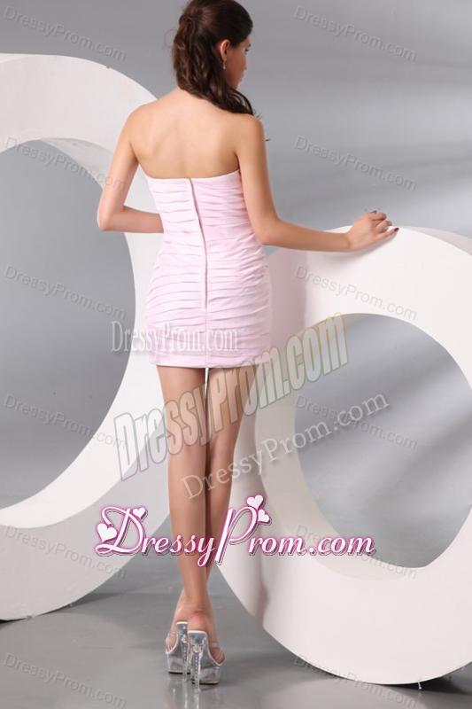 Column Baby Pink Strapless Ruching Short Prom Dress