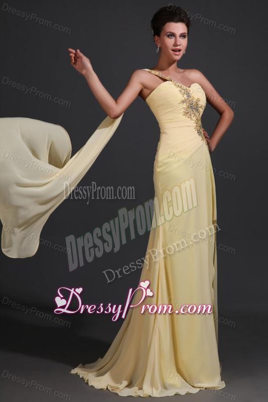 Column One Shoulder Appliques Champagne Watteau Train Prom Dress