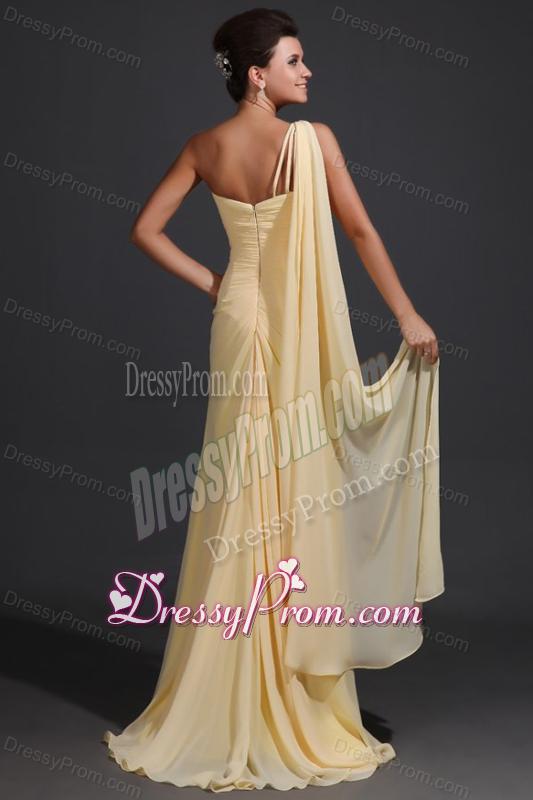 Column One Shoulder Appliques Champagne Watteau Train Prom Dress