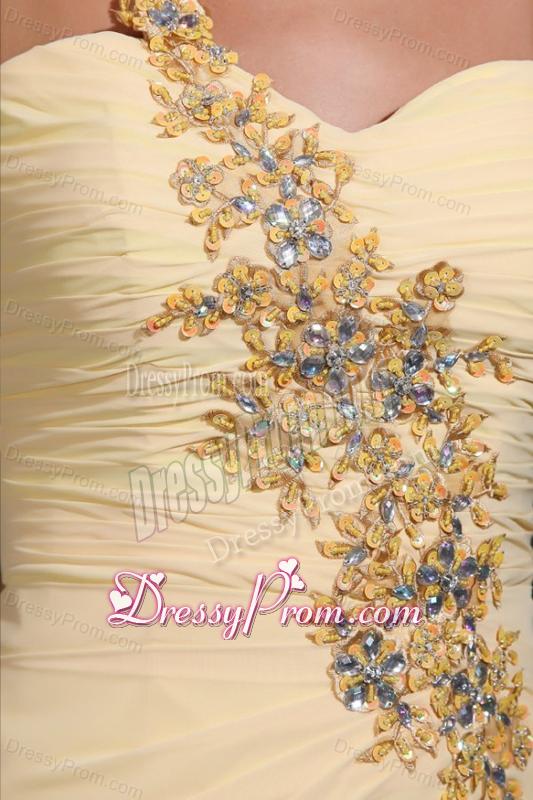 Column One Shoulder Appliques Champagne Watteau Train Prom Dress