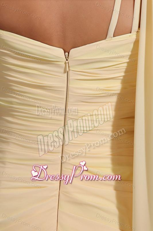 Column One Shoulder Appliques Champagne Watteau Train Prom Dress