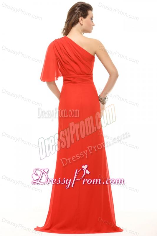Column One Shoulder Beading High-low Chiffon Prom Dress with Side Zipper
