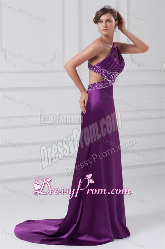 Column One Shoulder Brush Train Elastic Woven Satin Beading Purple Prom Dress
