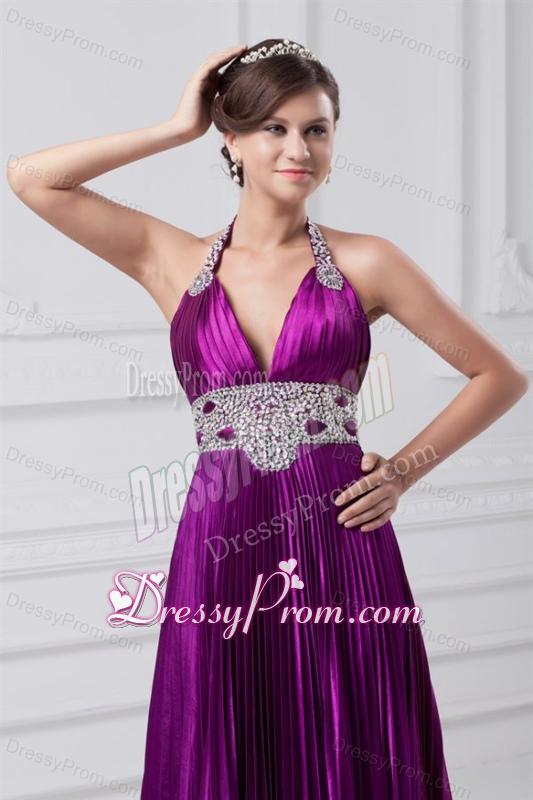 Column One Shoulder Brush Train Elastic Woven Satin Beading Purple Prom Dress