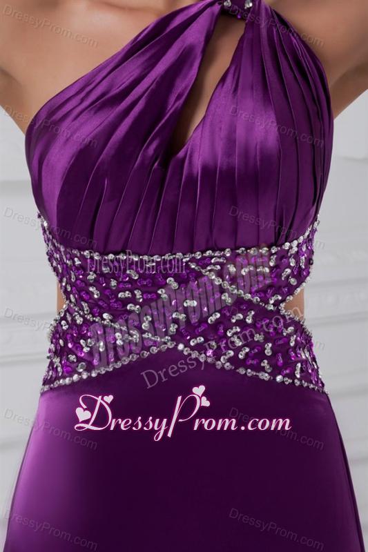 Column One Shoulder Brush Train Elastic Woven Satin Beading Purple Prom Dress