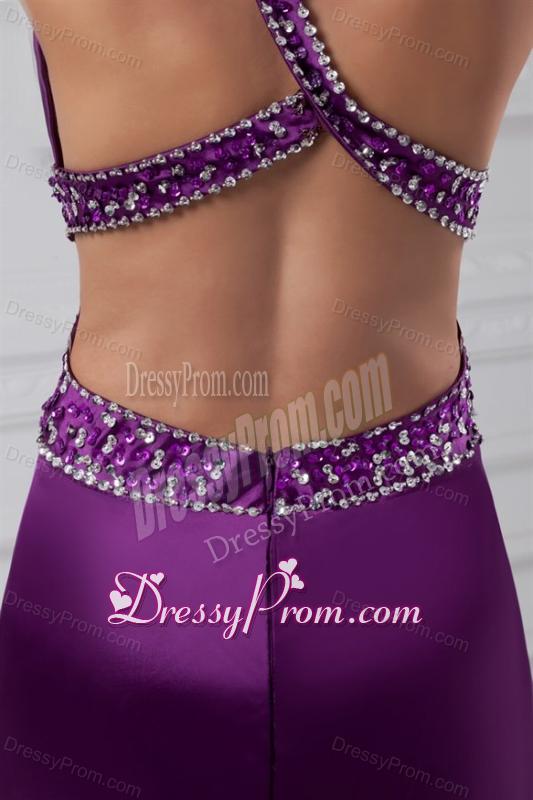 Column One Shoulder Brush Train Elastic Woven Satin Beading Purple Prom Dress