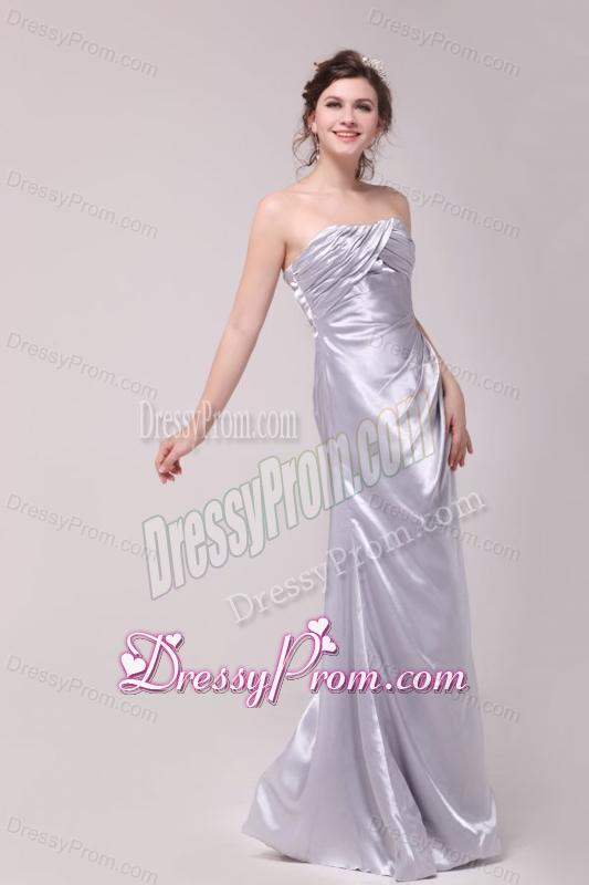 Column Strapless Ruching Taffeta Grey Prom Dresses With Floor-length