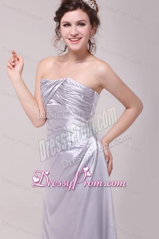 Column Strapless Ruching Taffeta Grey Prom Dresses With Floor-length