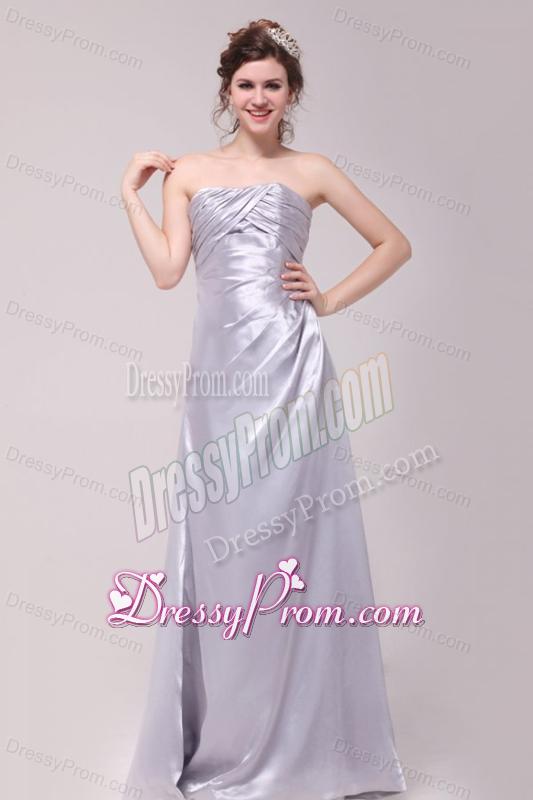 Column Strapless Ruching Taffeta Grey Prom Dresses With Floor-length
