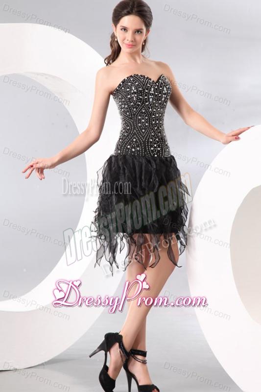 Column Sweetheart Black Beading and Ruffles Prom Dress for Party
