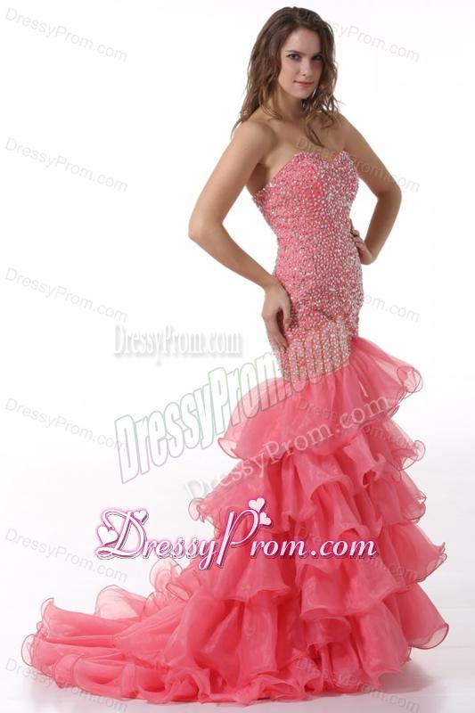 Court Train Mermaid Sweetheart Prom Dress with Beading and Layers