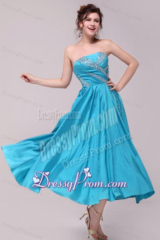 Elegant Aqua Blue A-Line Strapless Taffeta Beading Ankle -length Prom Dress