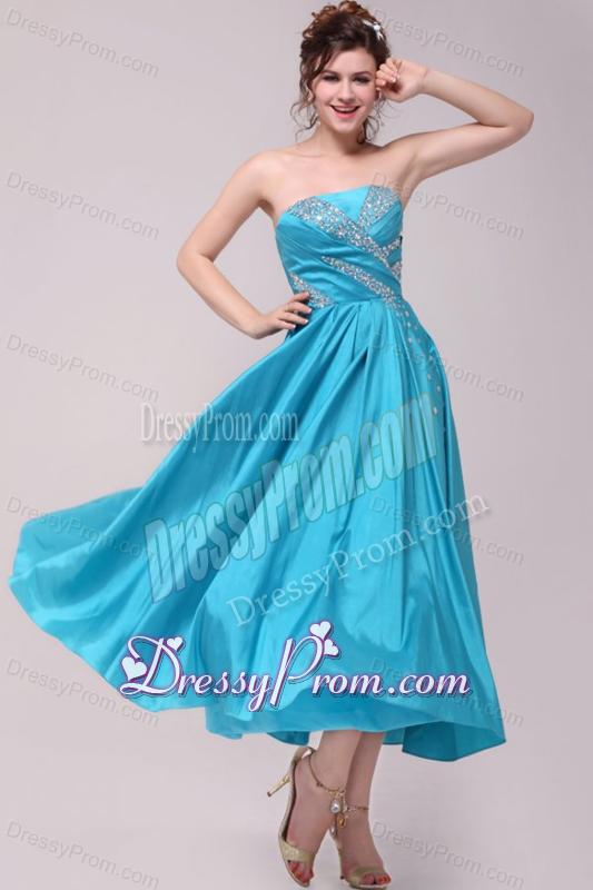 Elegant Aqua Blue A-Line Strapless Taffeta Beading Ankle -length Prom Dress