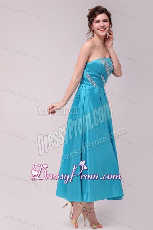 Elegant Aqua Blue A-Line Strapless Taffeta Beading Ankle -length Prom Dress