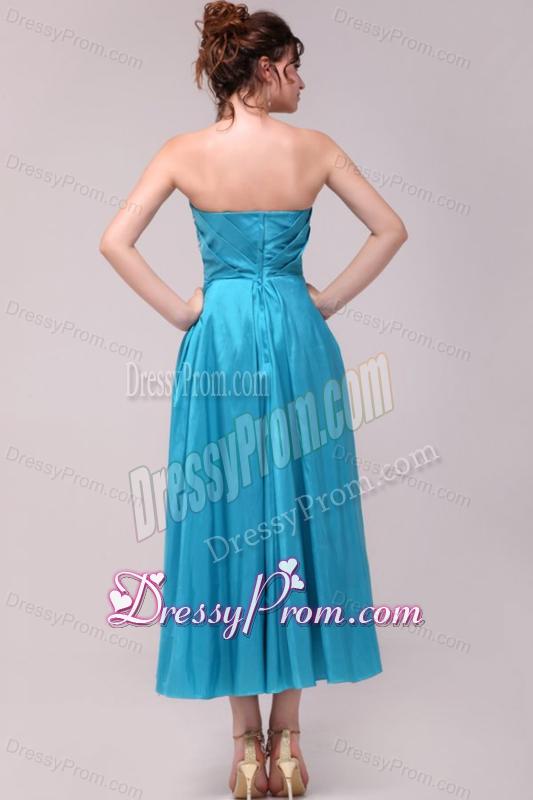 Elegant Aqua Blue A-Line Strapless Taffeta Beading Ankle -length Prom Dress