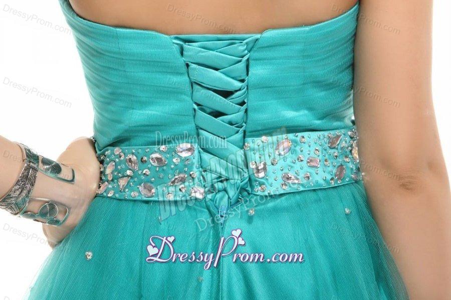 Elegant Aqua Blue Beading A-line Halter Lace Up Tulle Prom Dress