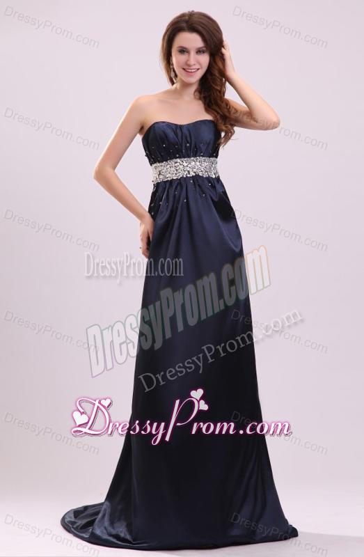 Elegant Empire Strapless Navy Blue Elastic Woven SatiN Beading Prom Dress with Brush Train