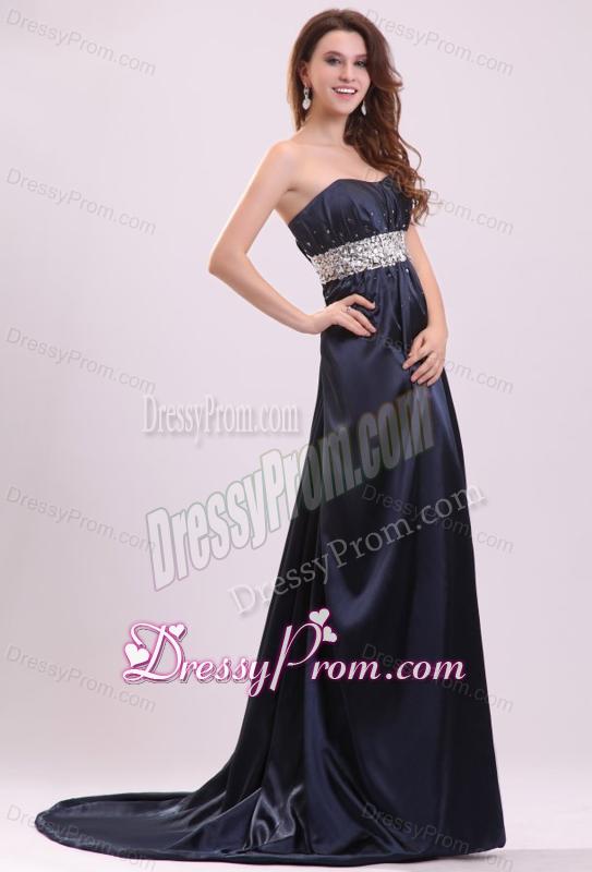 Elegant Empire Strapless Navy Blue Elastic Woven SatiN Beading Prom Dress with Brush Train
