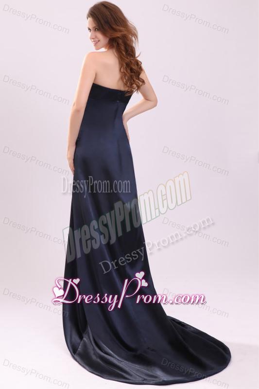 Elegant Empire Strapless Navy Blue Elastic Woven SatiN Beading Prom Dress with Brush Train