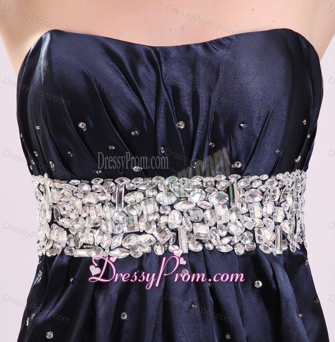 Elegant Empire Strapless Navy Blue Elastic Woven SatiN Beading Prom Dress with Brush Train