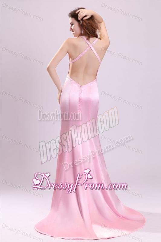 Elegant Pink Column Halter Brush Train Criss Cross Elastic Woven Satin Prom Dress with Bea